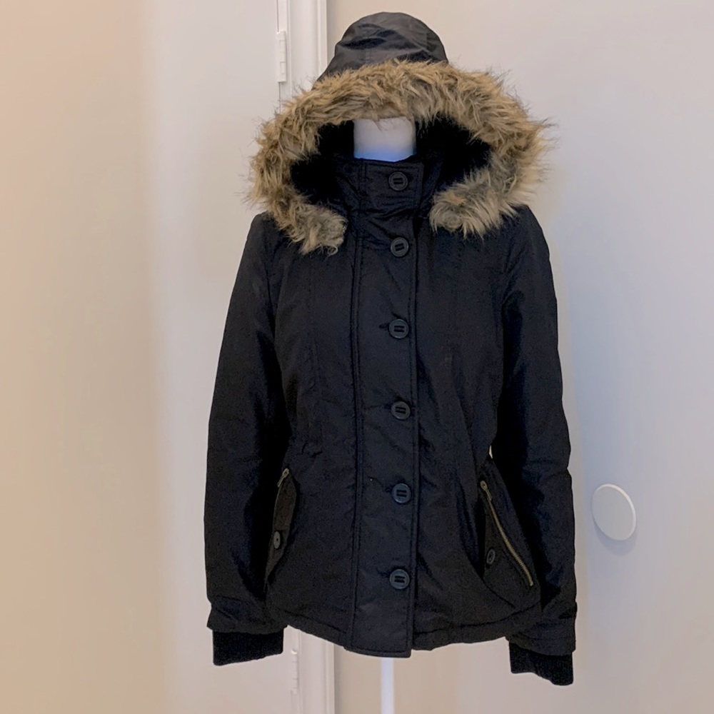 Jacket with faux feather hood